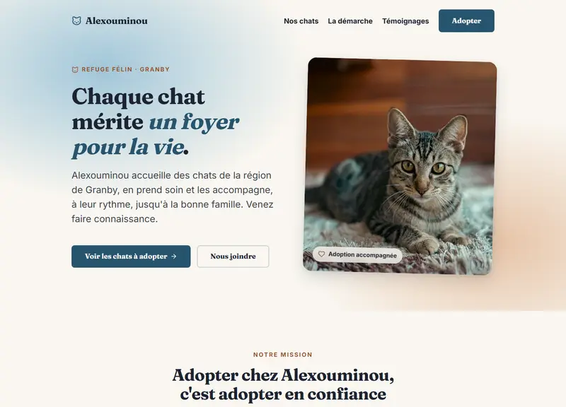 Capture d'écran du site d'Alex ou Minou, refuge félin à Granby