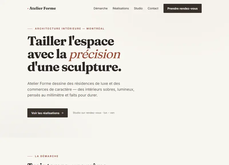 Capture d'écran du site d'Atelier Forme, studio d'architecture intérieure, avec scène 3D